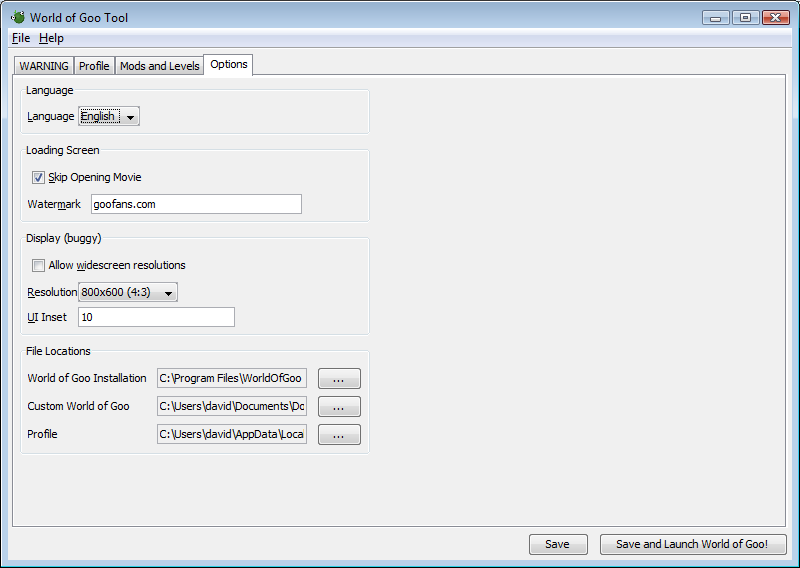 Options tab